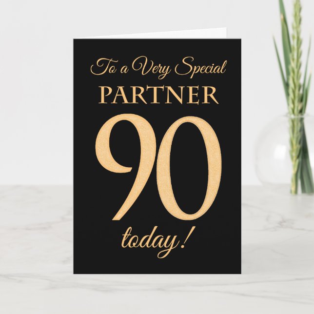 90. Gold-Effekt auf Black, für Partner Birthday Karte (Vorderseite)