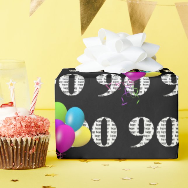 90. Happy Birthday Balloons auf schwarz Geschenkpapier (Geburtstagsparty)