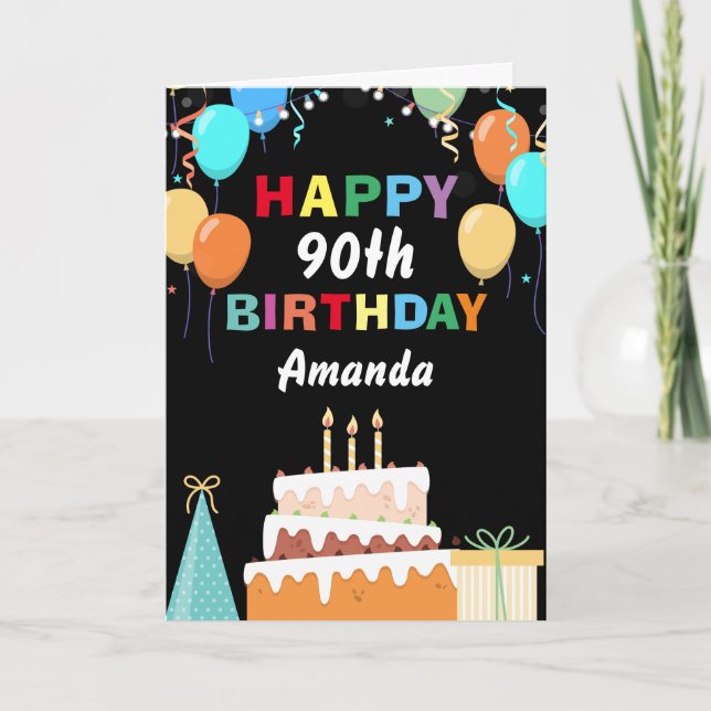 90. Happy Birthday farbenfrohe Balloons Kuchen sch Karte (Vorderseite)