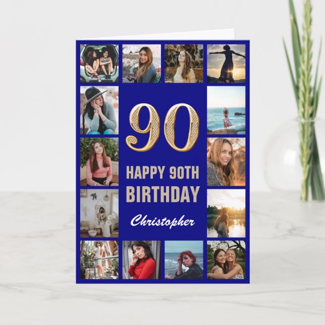 90. Happy Birthday Navy Blue & Gold Foto Collage Karte (Vorderseite)