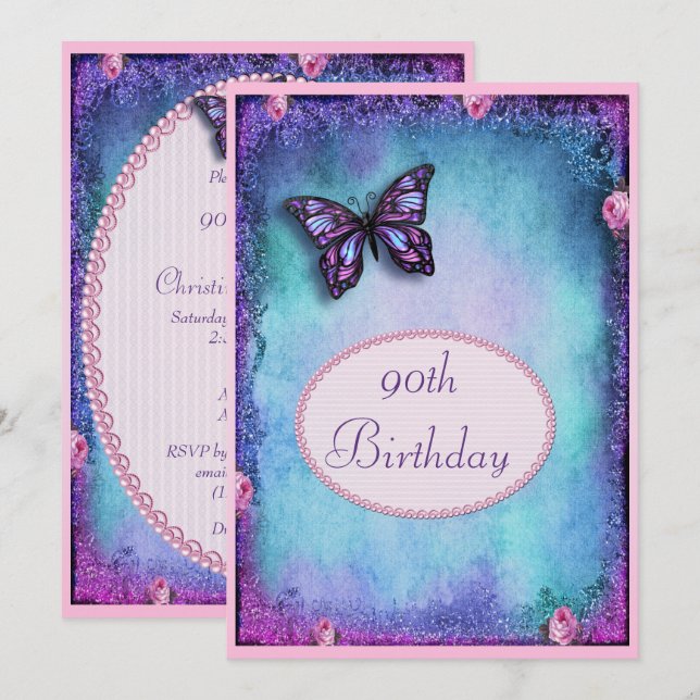 90. Imitat Glitzer, Schmetterling, Rose & Spitzen Einladung (Vorne/Hinten)