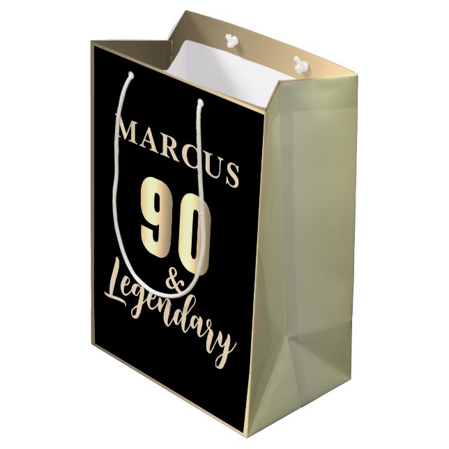 90 & Legendary Gold 90th Birthday Mittlere Geschenktüte (Rückseite Schrägansicht)