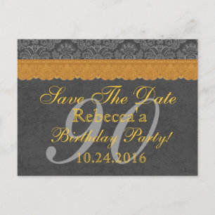 90. Save the Date Gray and Gold Lace Ankündigungspostkarte