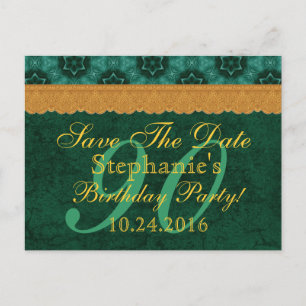 90. Save the Date Green und Gold Lace Ankündigungspostkarte
