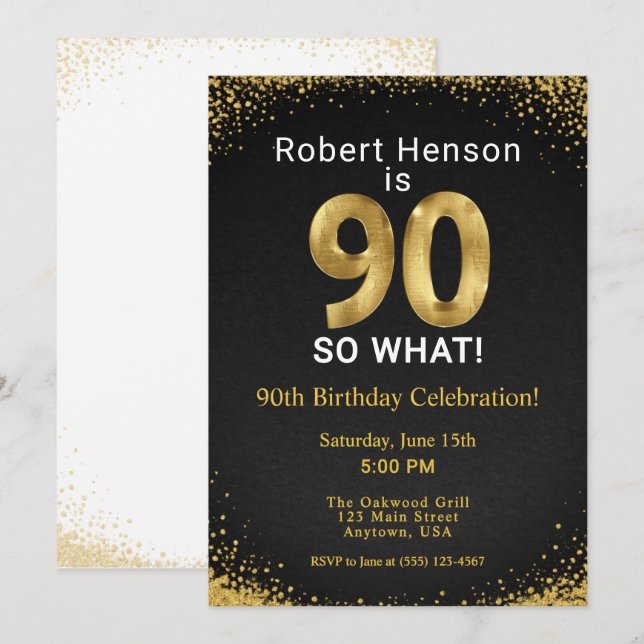 90 So What! Black Gold 90th Birthday Einladung (Vorne/Hinten)