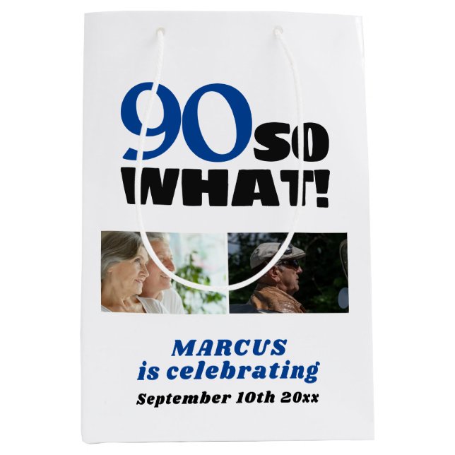 90 So what Funny 90th Birthday 2 Photo Collage Mittlere Geschenktüte (Vorderseite)