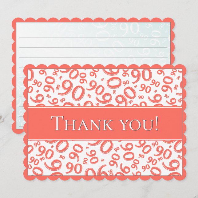90 "Thank you!" Coral/White Number Pattern Dankeskarte (Vorne/Hinten)