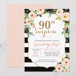 90. Überraschung Schwarz-weiß Stripe Floral Geburt Einladung