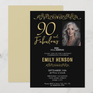 90 und fabelhaftes Gold-Ornament 90. Geburtstag Fo Einladung