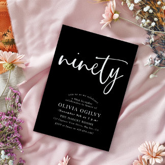 90. White on Black Birthday Party Modernes Script Einladung