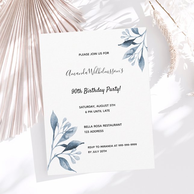 90e anniversaire blanc bleu botanique invitation (Créateur téléchargé)