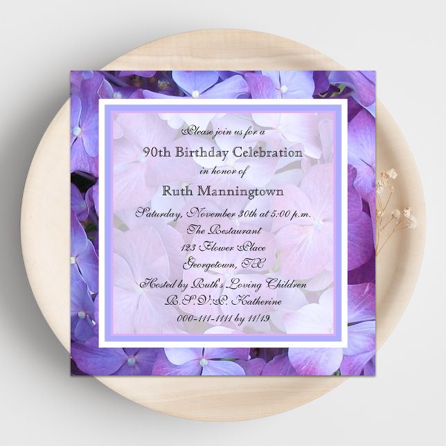 90e anniversaire de fête Invitation Purple Hydrang (Créateur téléchargé)