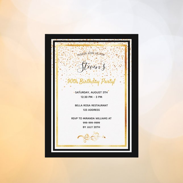 90e anniversaire fête noir blanc or invitation (Créateur téléchargé)
