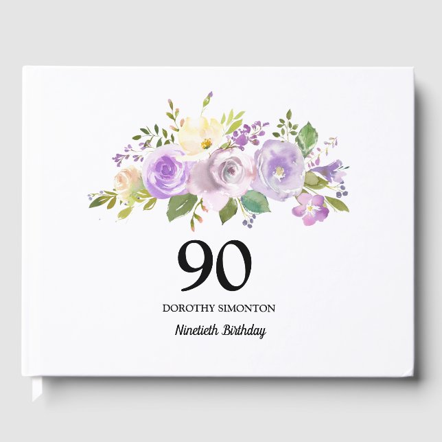 90e Anniversaire Fête Purple Floral Livre d'invité (Recto)