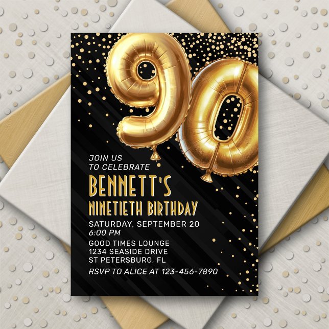 90e anniversaire Gold Black Invitation (Créateur téléchargé)