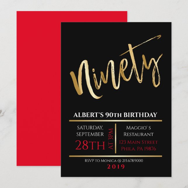 90e anniversaire Gold Black Party Invitation (Devant / Derrière)