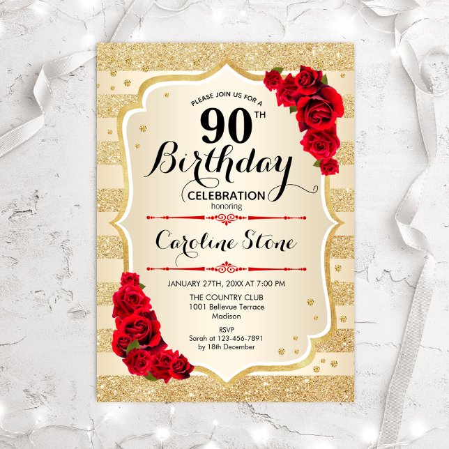 90e anniversaire - Gold Stripes Invitation Rose (Créateur téléchargé)