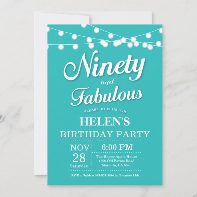 90e anniversaire Invitation Aqua Turquoise Fabuleu (Devant)