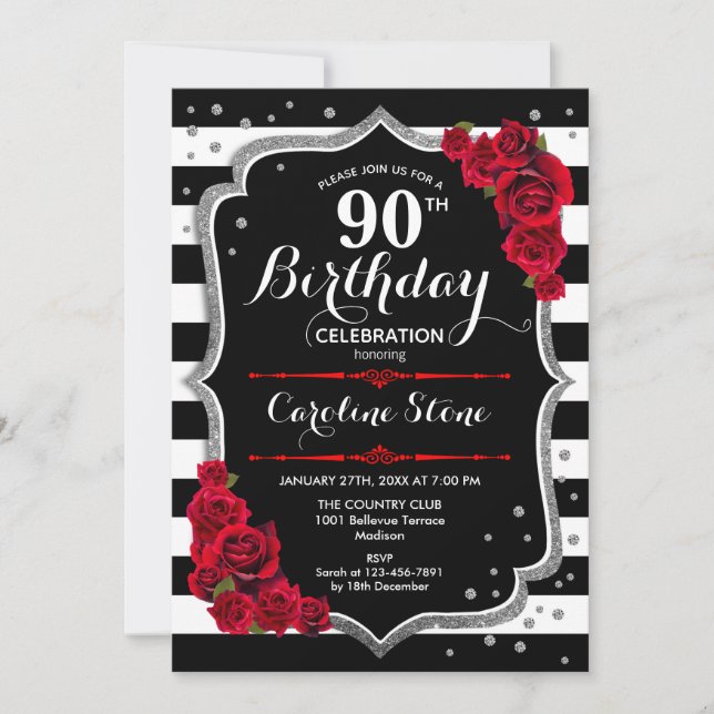 90e anniversaire Invitation Black White Stripes Ro (Devant)