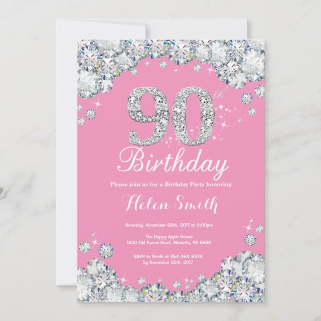 90e anniversaire Invitation Diamant rose et argent (Devant)