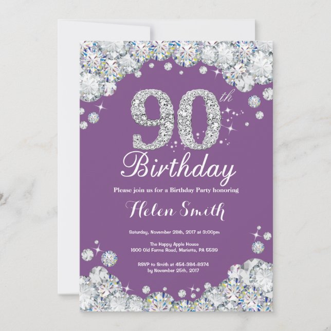 90e anniversaire Invitation Diamant violet et arge (Devant)