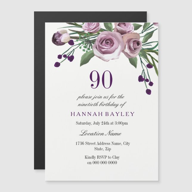 90e anniversaire Invitation : Elégant Plum Purple  (Devant / Derrière)