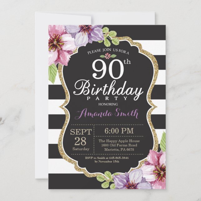 90e anniversaire Invitation Femmes. Or floral noir (Devant)
