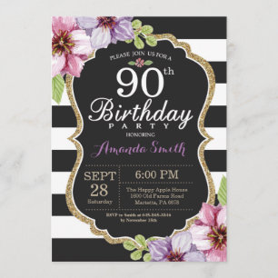 90e anniversaire Invitation Femmes. Or floral noir