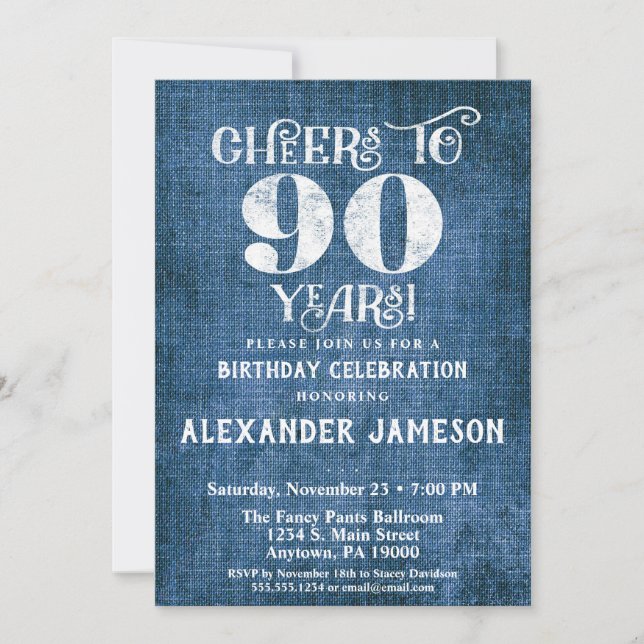 90e anniversaire Invitation Linen Bleu Bravo rusti (Devant)
