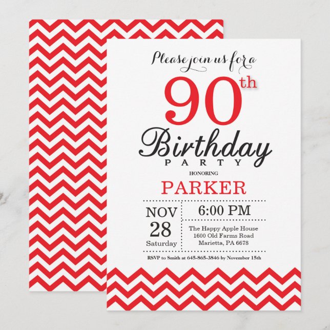 90e anniversaire Invitation Red Chevron (Devant / Derrière)