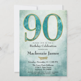 90e anniversaire Invitation Turquoise Blue Gold Ad