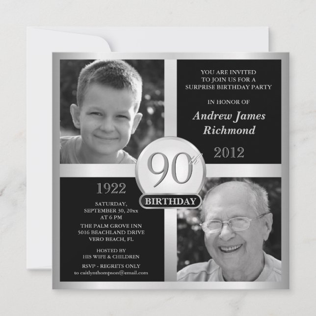 90e anniversaire Invitations Alors et maintenant 2 (Devant)