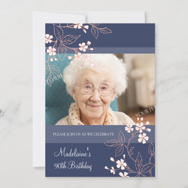 90e anniversaire Invitations Corail bleu Fleurs de (Devant)