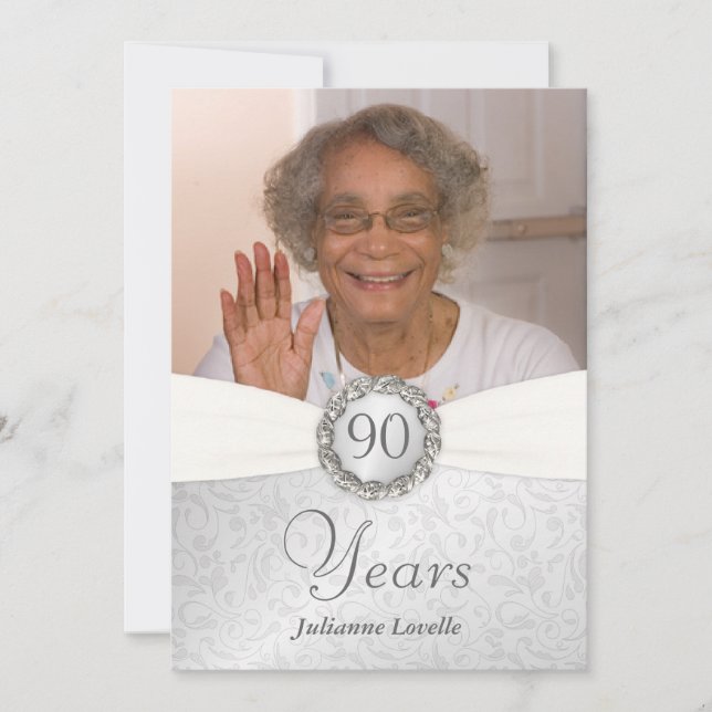 90e anniversaire - Invitations photo - Argent et b (Devant)