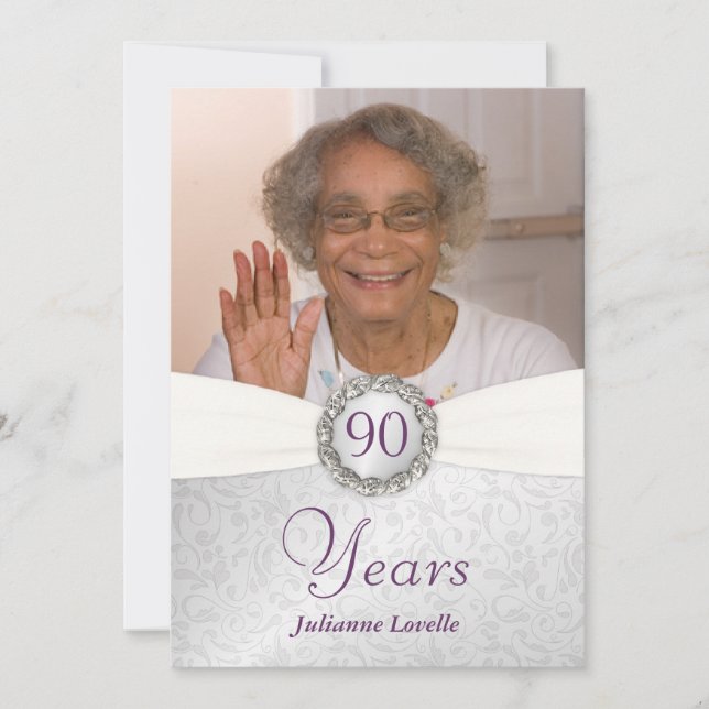 90e anniversaire - Invitations photo - Argent et v (Devant)
