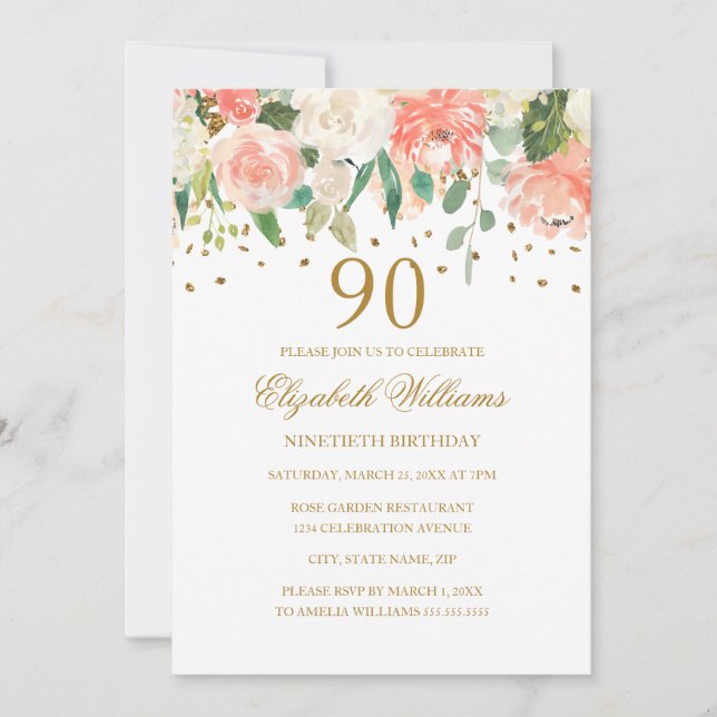 90e anniversaire Peach Gold Floral Invitation (Devant)