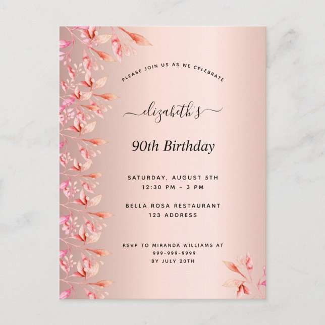 90e anniversaire rose or rose invitation florale (Devant)