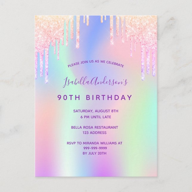 90e anniversaire rose violet invitation holographi (Devant)