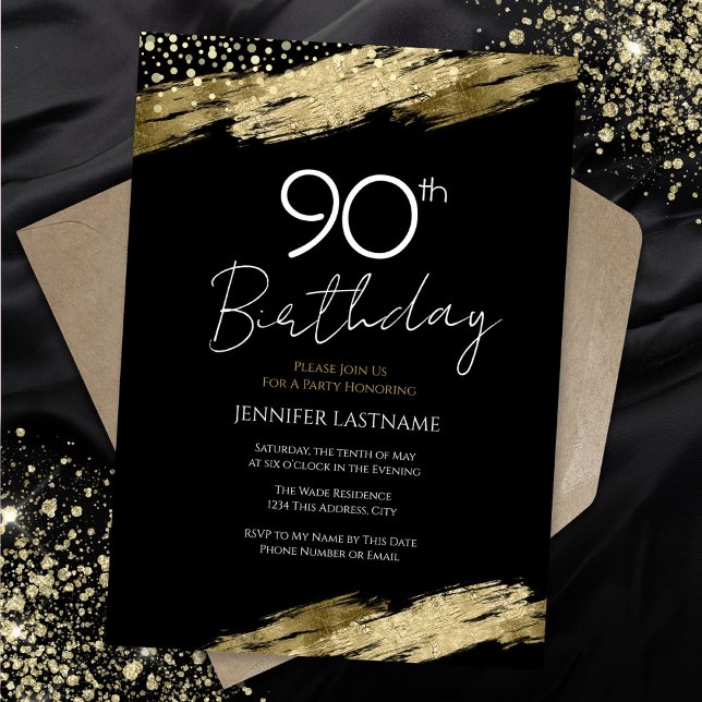 90e Anniversaire Soirée Gold Black Invitation (Créateur téléchargé)