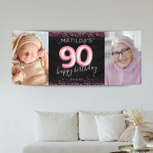 90e Bannière photo Black Pink Joyeux anniversaire