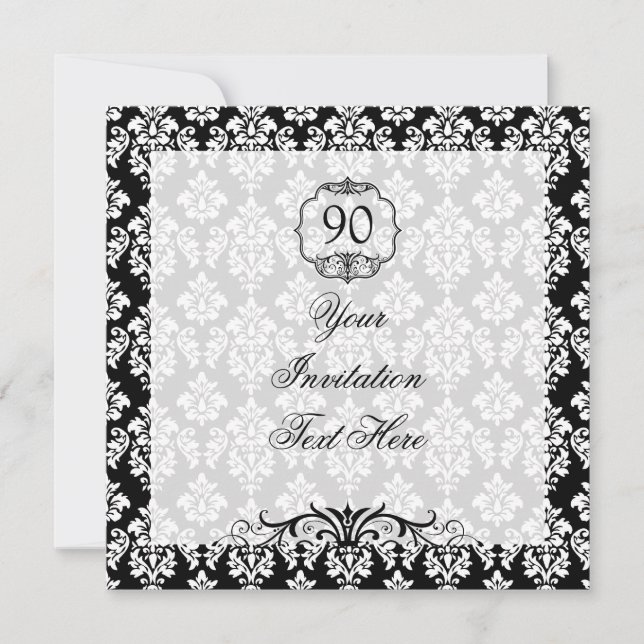 90e Invitation d'anniversaire Damas noir et blanc (Devant)