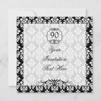 90e Invitation d'anniversaire Damas noir et blanc