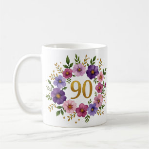 90ème Anniversaire Mug - Couronne florale avec num