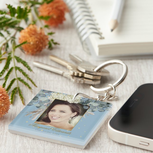 90ème Floral Blue Gold Elegant Photo Anniversaire (Devant Droit)