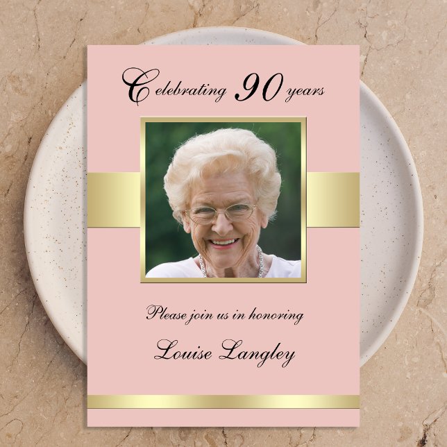 90ème Photo Anniversaire Rose Gold Invitation (Créateur téléchargé)