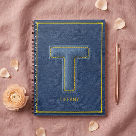 90er Blaue Denim Applikation Buchstabe T Monogramm Notizblock