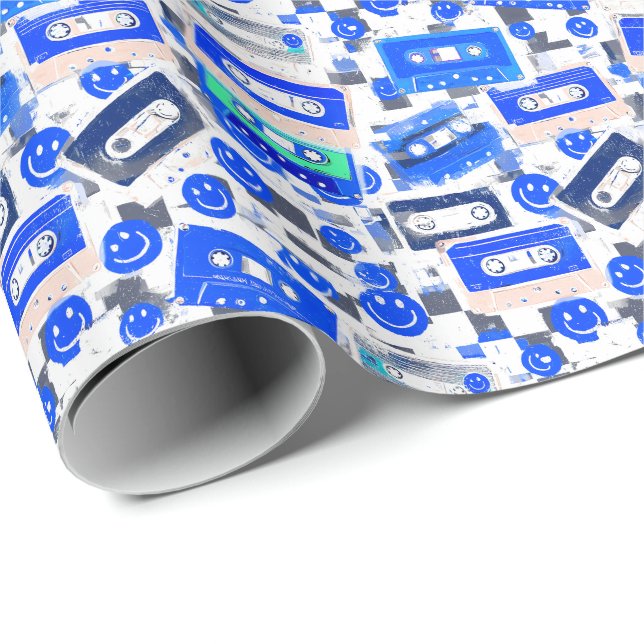 90er Cassette & Smiley Wrapping Paper - Invertiert Geschenkpapier (Rolleneckpunkt)