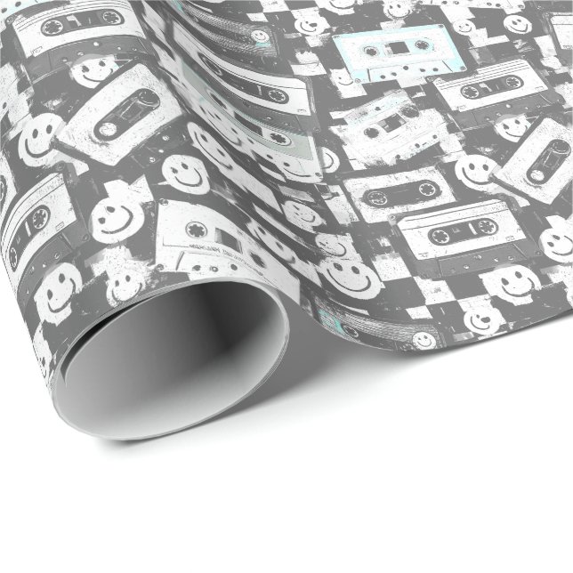 90er Cassette & Smiley Wrapping Paper - Monochrom Geschenkpapier (Rolleneckpunkt)