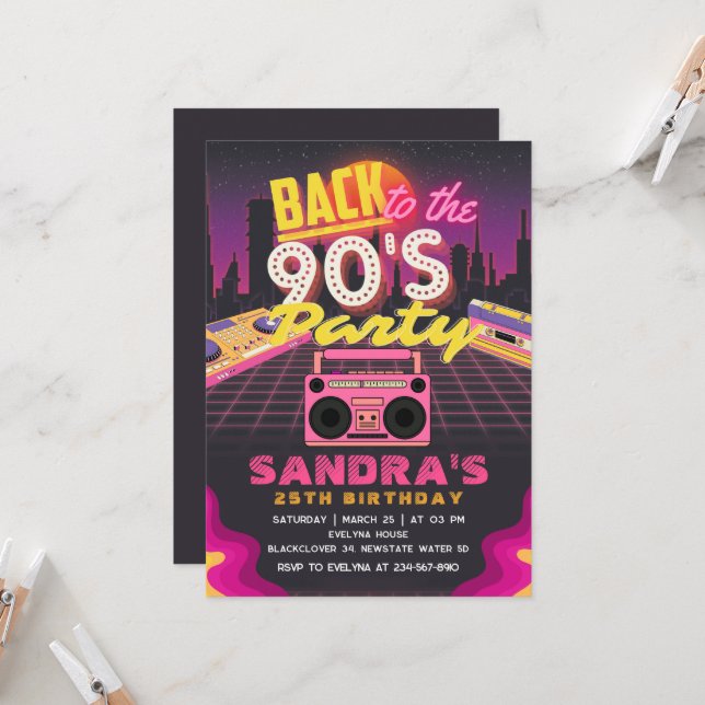 90s et 80s Idées Anniversaire Fête Invitation (Devant/Arrière en situation)