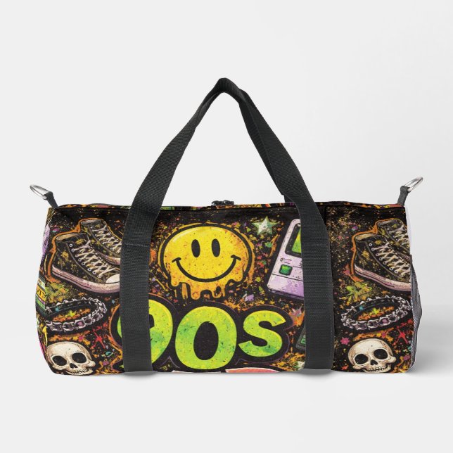 90s Kids Grunge Seamless Pattern: Pizza, Skeletons Duffle Bag (Vorderseite)
